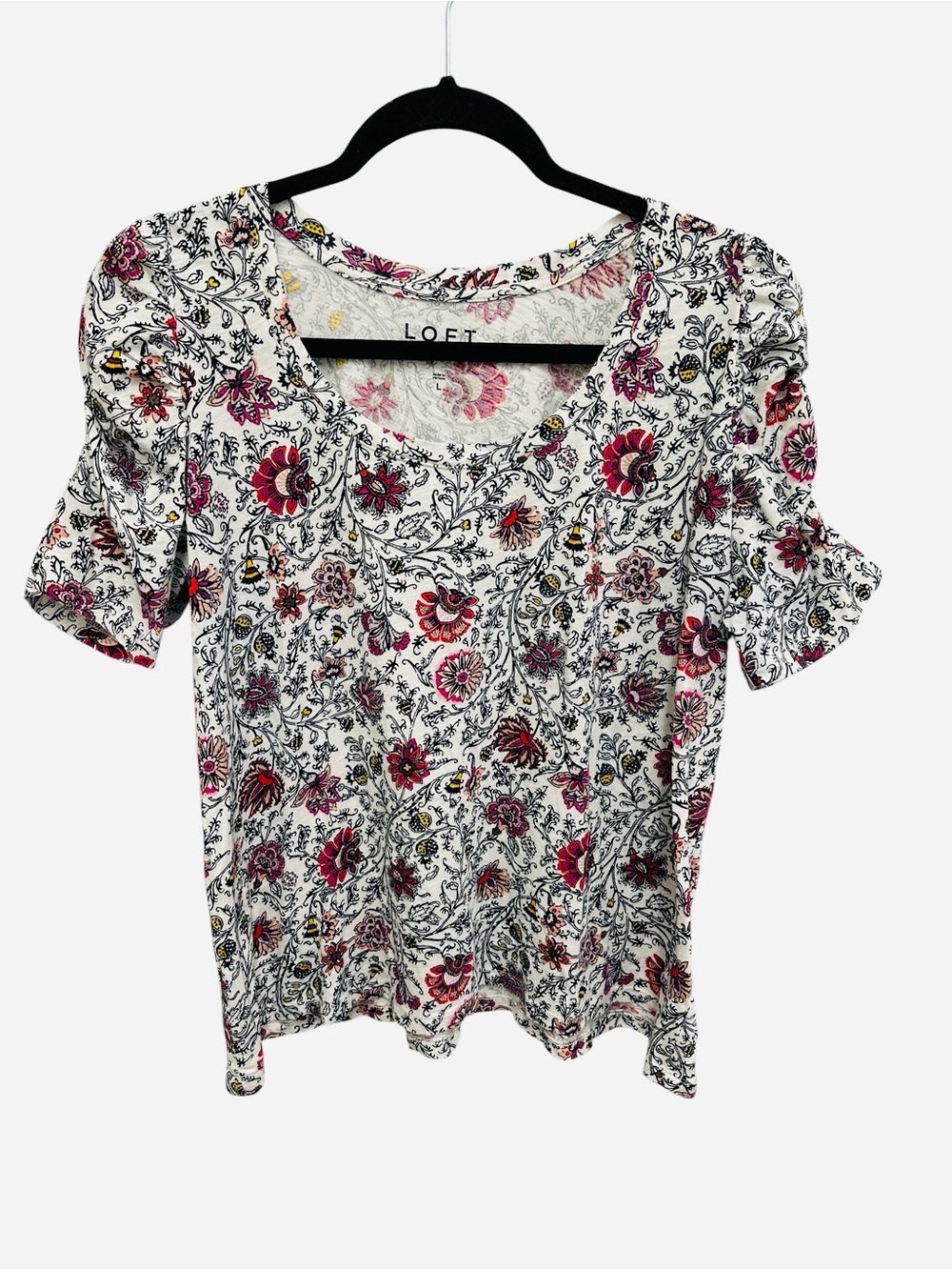 LOFT Vintage Soft puff shoulder floral top Size L 100% cotton spring summer